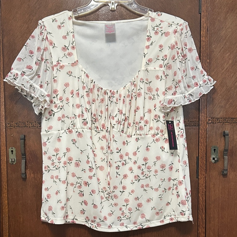 No Boundaries Floral Ruffle Blouse, Cream with Pink flowers 3X